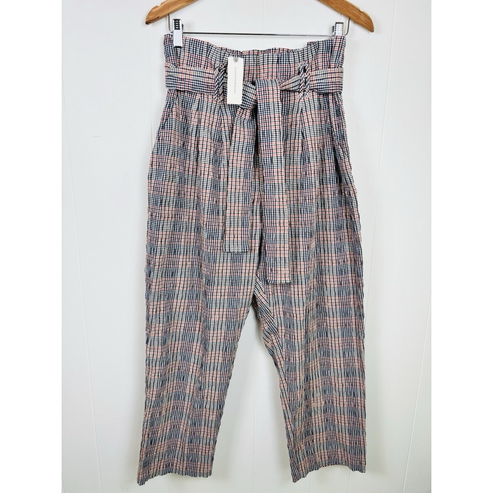 Anthropologie Sz 14 Navy Marin Seersucker Crop Pants Belted Red Blue Plaid - NWT